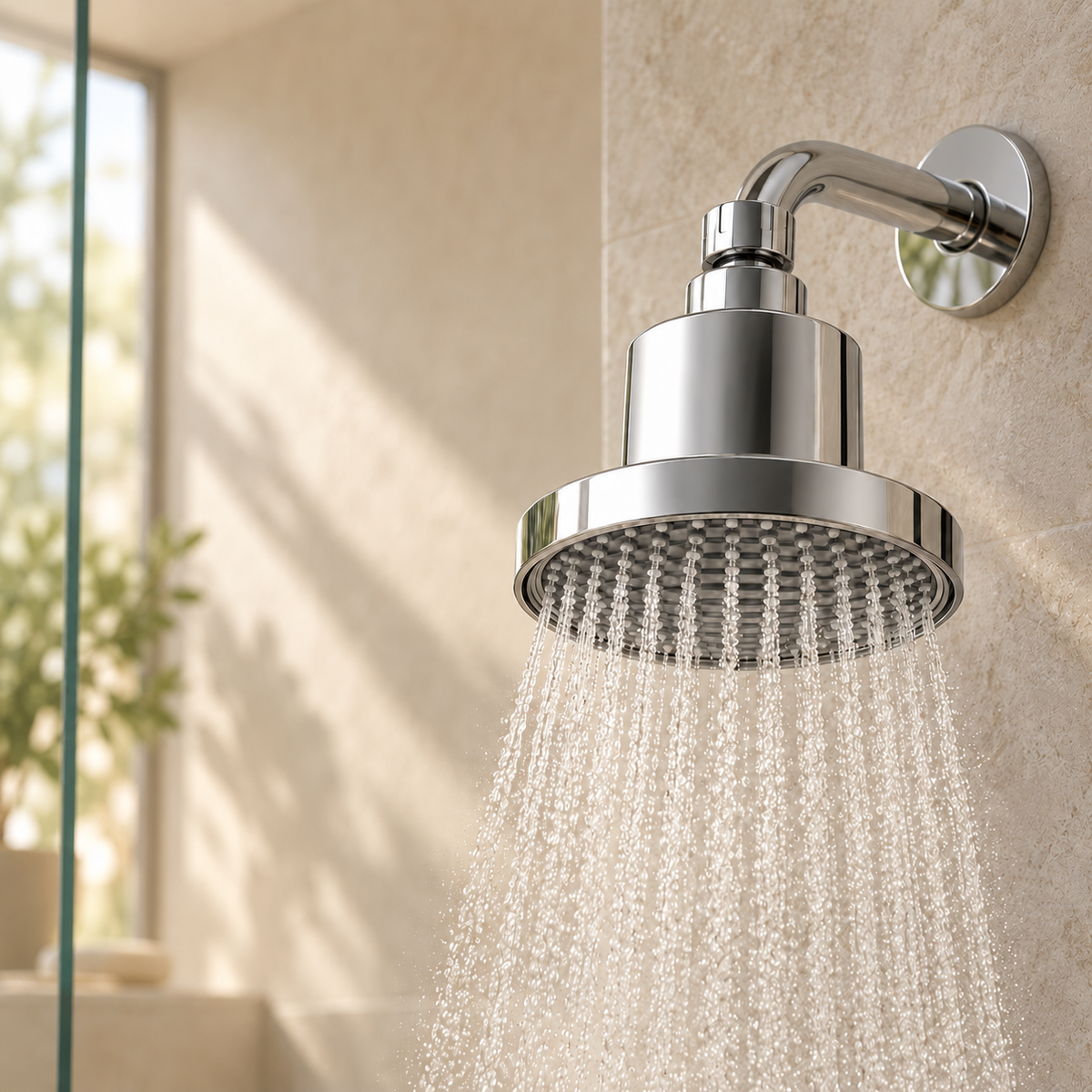 Chrome filtered showerhead with a seamless solid housing installed in a warm bathroom