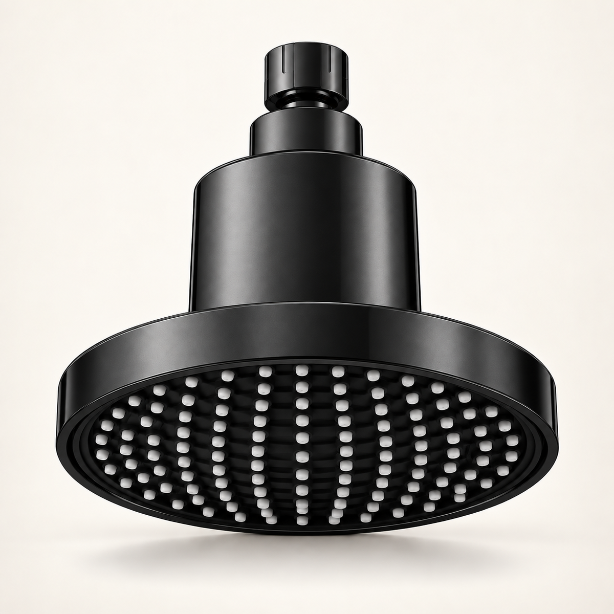 Black Velora filtered showerhead showing the accurate underside on a warm ivory background