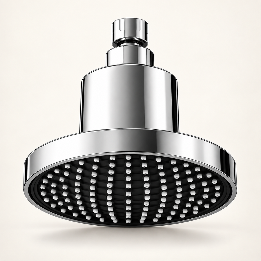 Chrome Velora filtered showerhead showing the accurate underside on a warm ivory background