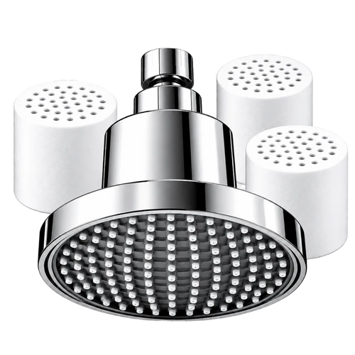 Velora chrome showerhead with three replacement filters arranged behind it